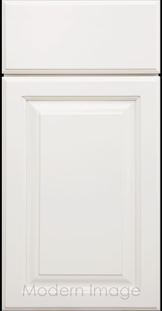 Hampton kitchen cabinets featuring raised panel doors and flat slab drawer fronts in a Dove White color.
